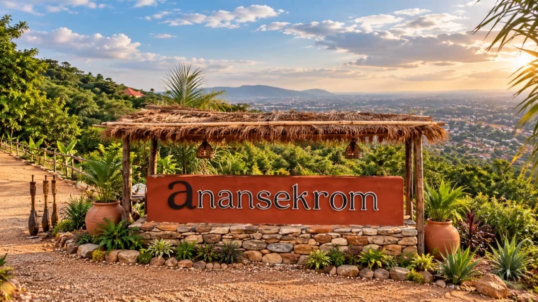 Anansekrom entrance sign beneath a thatched canopy overlooking the green hills and city at sunset
